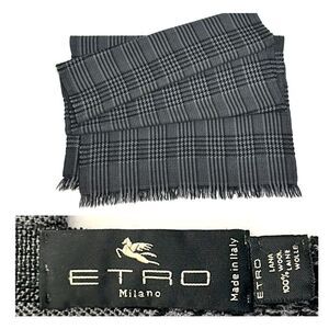 ETRO Milano Wool Oblong Scarf Gray Glen Plaid Men’s Women’s 18x72”